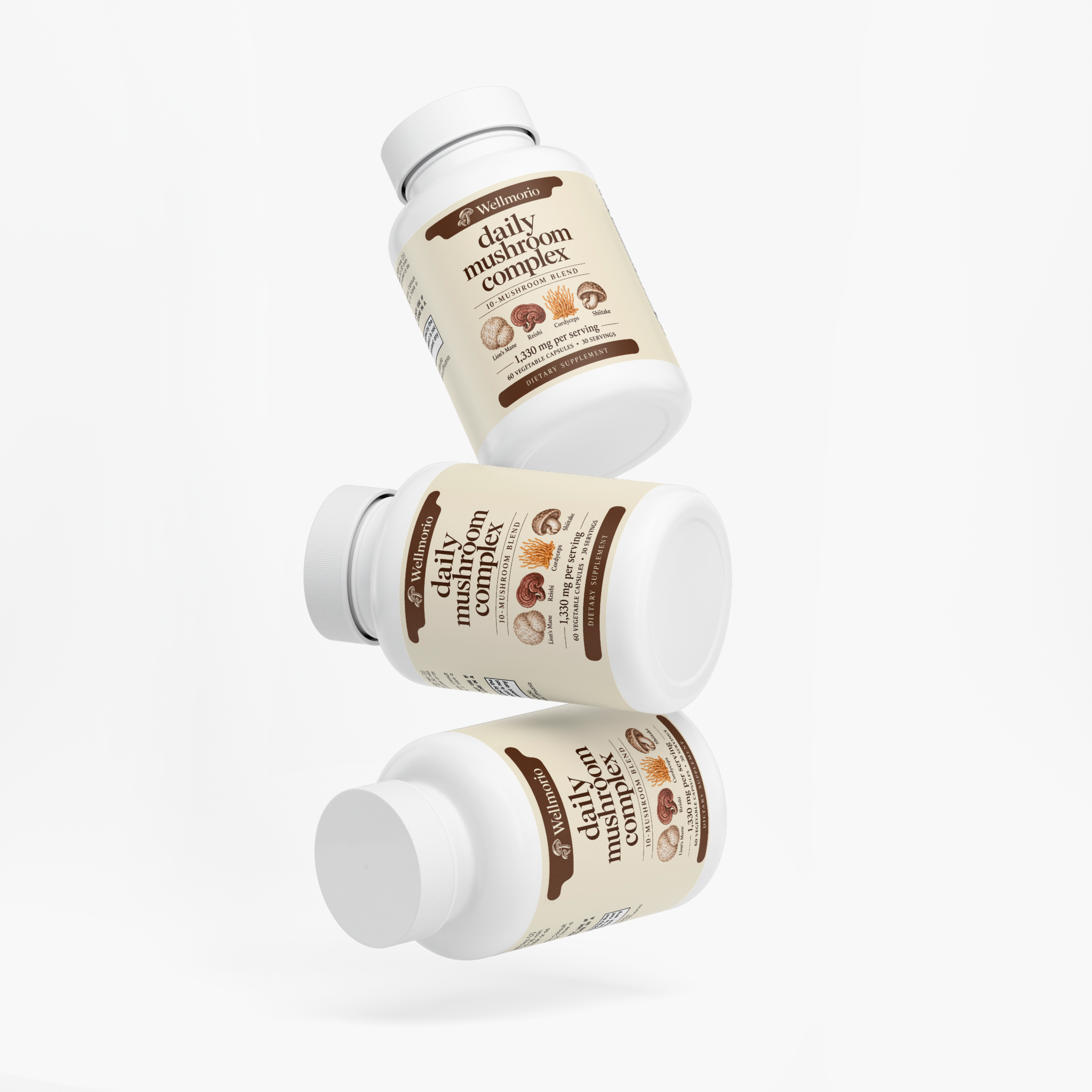 Three Wellmorio bottles showing final packaging